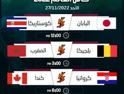 مباريات اليوم الأحد 27-11-2022 في كأس العالم، المواعيد والقنوات الناقلة