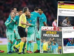 احتجاج لاعبي برشلونة على حكم لقاء بيلباو