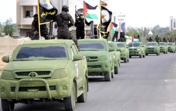 الجناح العسكري لحركة الجهاد الإسلامي يشاركون في عرض عسكري بمناسبة الانطلاقة ال36 للحركة وسط قطاع غزة