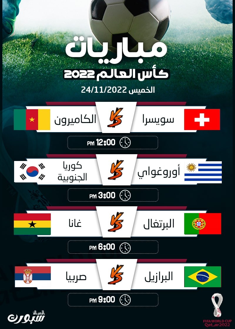 مباريات اليوم الخميس 24 نوفمبر 2022 كأس العالم 2022 المواعيد والقنوات الناقلة