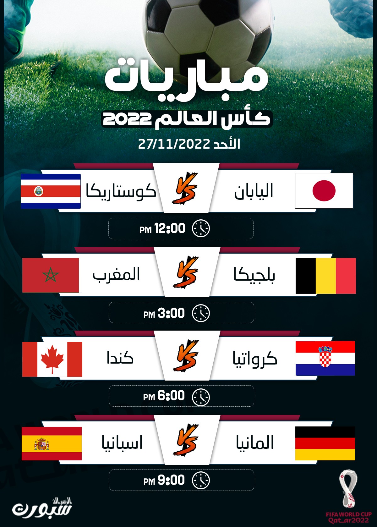 مباريات اليوم الأحد 27-11-2022 في كأس العالم، المواعيد والقنوات الناقلة