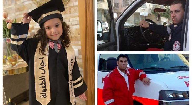 صورة للطفلة هند والمسعفيين اللذان احولا إنقاذها