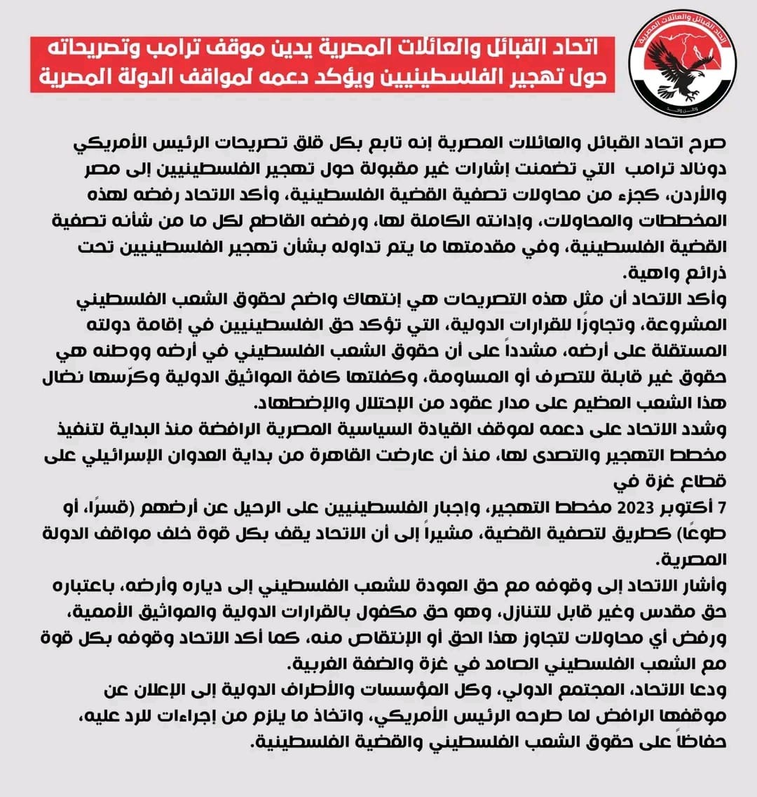 اتحاد القبائل والعائلات المصرية يدين موقف ترامب وتصريحاته