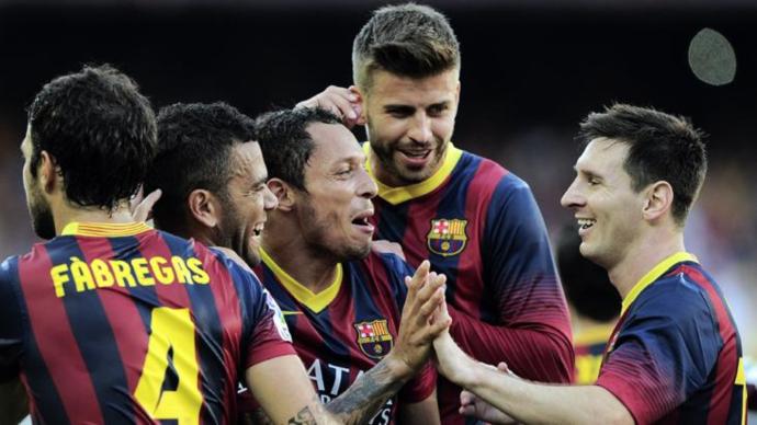 فرحة لاعبي برشلونة بالفوز الكاسح