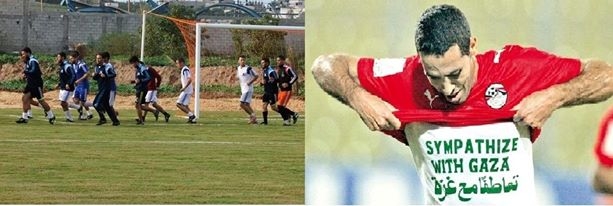 من اليمين: أبو تريكة, وأحد المباريات عل ملعب نماء