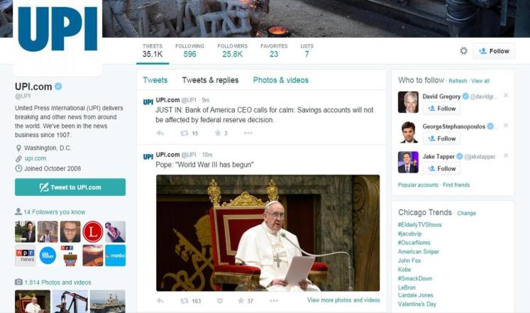 حساب "يونايتد برس إنترناشونال" المخترق أرسل تغريدة بأن البابا أعلن قيام الحرب العالمية الثالثة