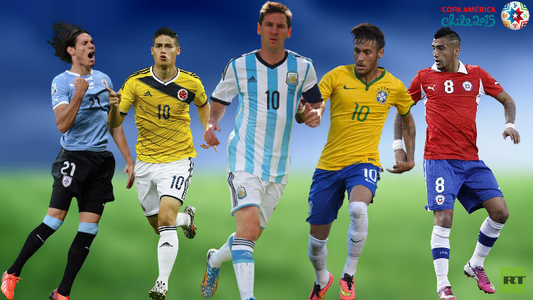 من اليمين: فيدال, ونيمار, وميسي, ورودريغيز, وكافاني